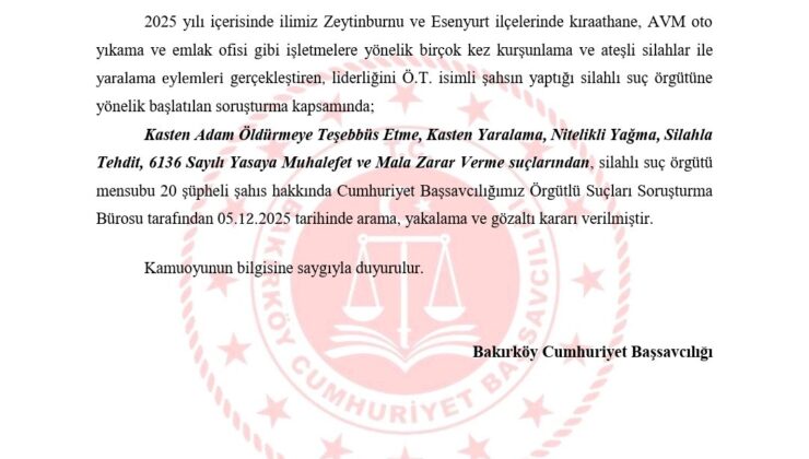 Bakırköy Cumhuriyet Başsavcılığı’ndan Silahlı Suç Örgütüne Büyük Operasyon
